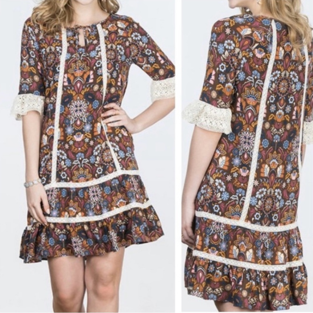 Matilda, Jane women’s size, large autumn, full crochet, lace trim, ruffle dress‎